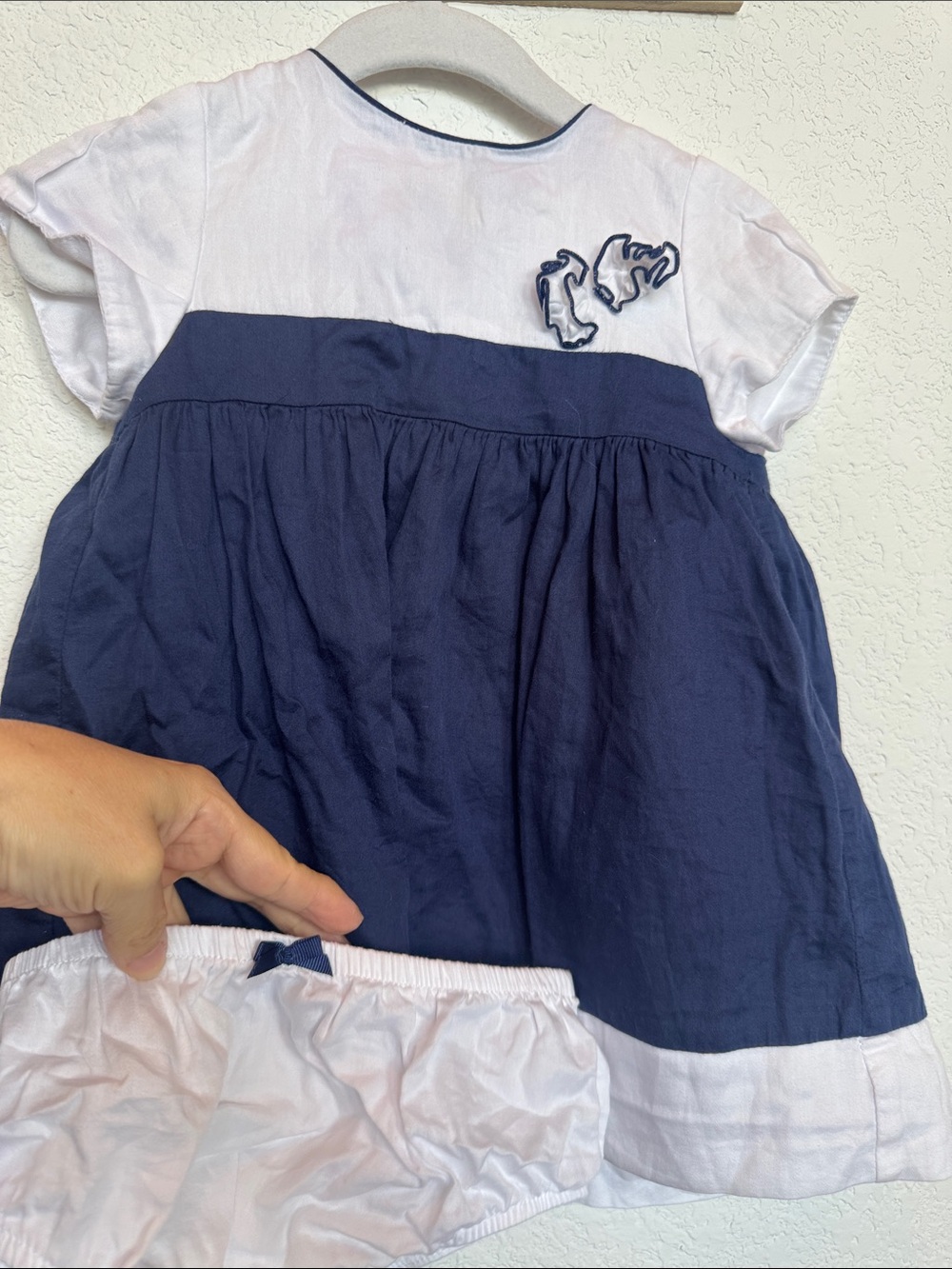 Mayoral White and Navy Two-Tone Baby Dress with Bloomers